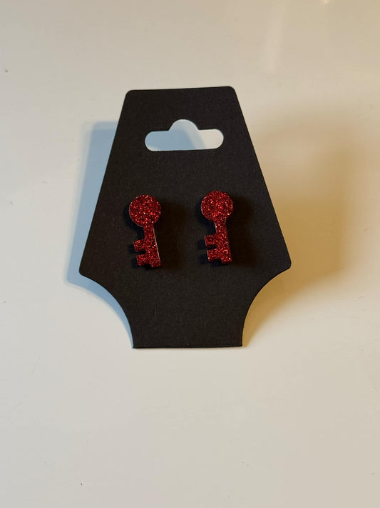 Earrings - key, lipstick red glitter  READY TO SHIP